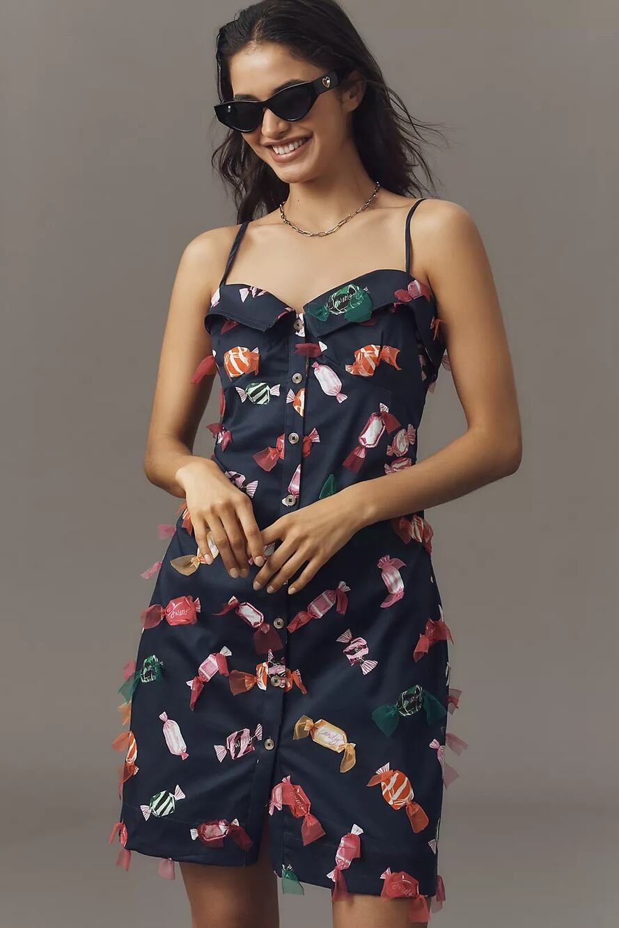 New Anthropologie Maeve Printed Buttondown Mini Dress $228 SIZE 8 Navy APPLIQUED